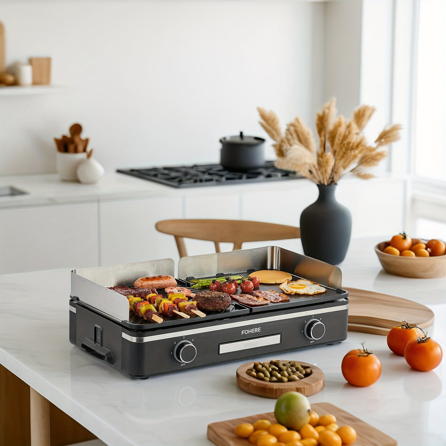 2400W Electric Indoor Grill Griddle with large 25x30cm nonstick plates, 2-part adjustable temperature control, pancake and egg maker, drip tray and indicator light - Portable stainless steel flat top grill for kitchen, camping, etc.