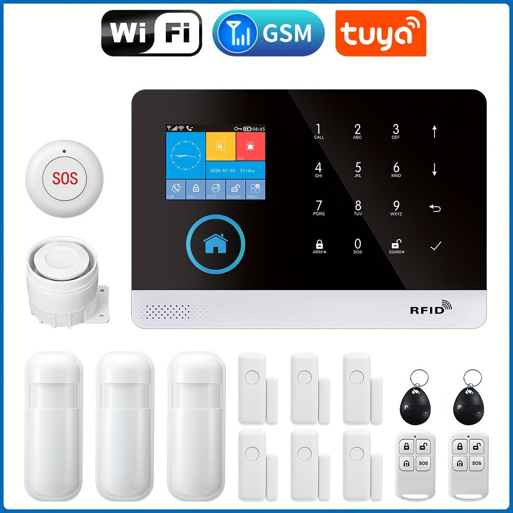 WiFi + GSM Auto-dial Smart Home Security Alarm System 433MHz LCD Display Alarm Panel Door Window Sensor PIR Motion Sensor Kit APP Remote Control Compatible With Alexa Google Home
