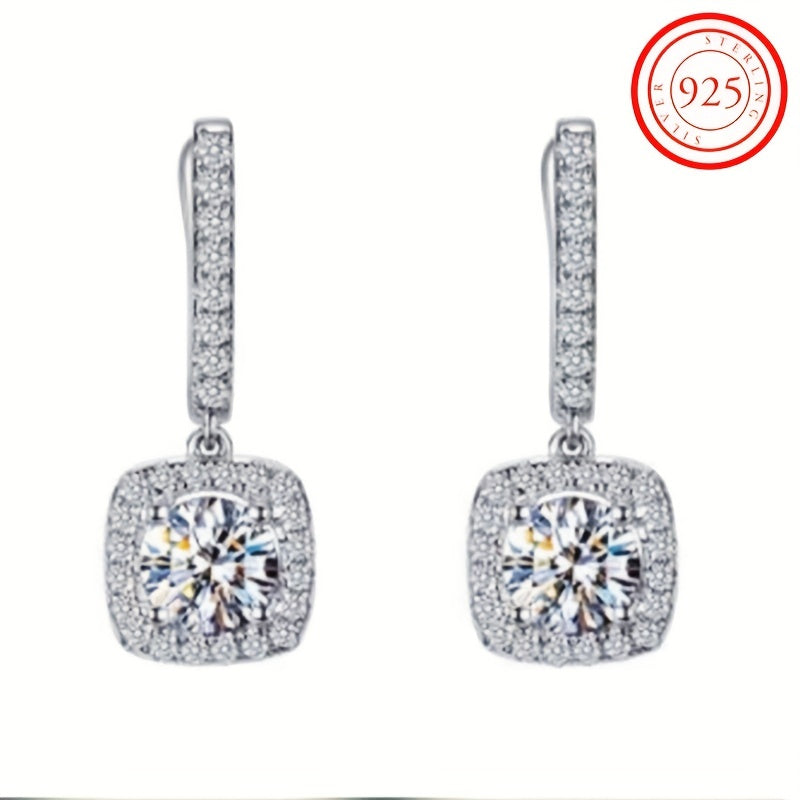 Sterling 925 Silver Ear Jewelry Square Shape Shiny zirconia Decor Dangle Earrings Luxury Style Banquet Party Ear Ornaments