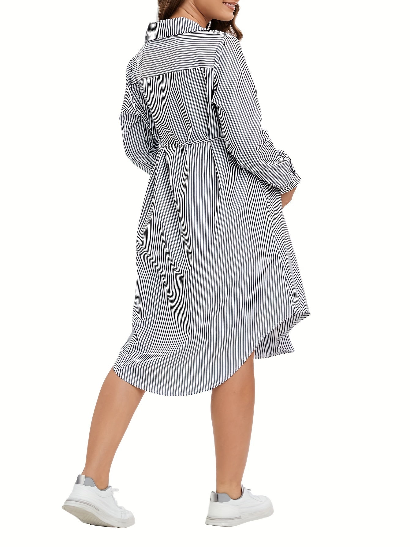 Elegant Striped Maternity Dress with Belt - Long Sleeve, Knee-Length Shirt Style for Women, Machine Washable, Loose, Collar