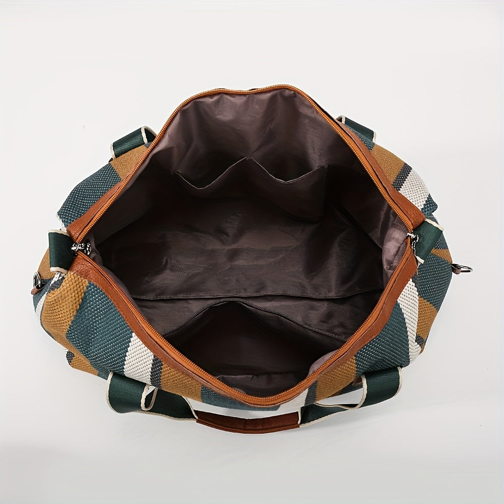 Striped Retro Short-Term Travel Bag for Women, Lightweight Handheld Luggage with Large Capacity