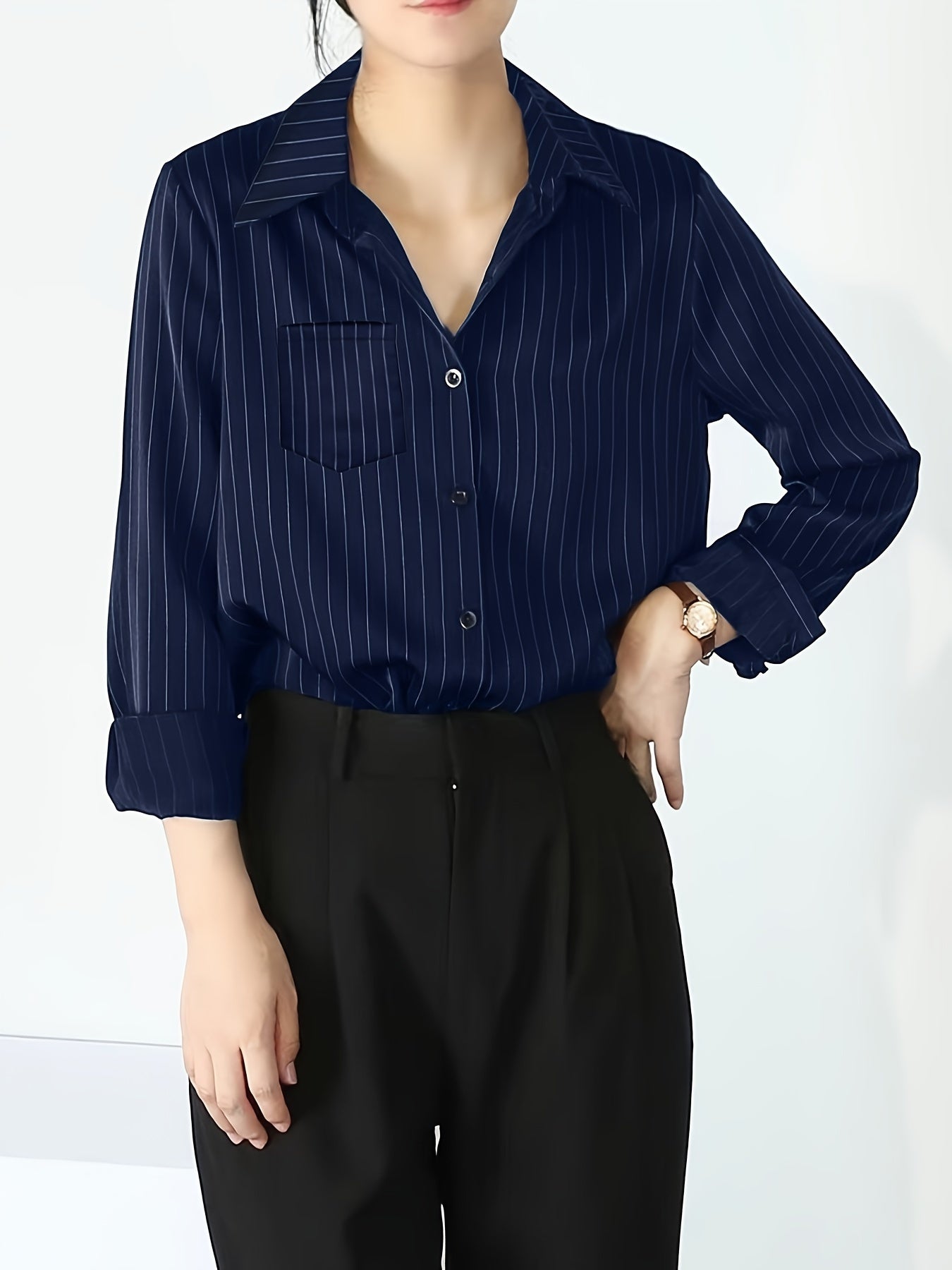 Striped Button Up Chest Pocket Blouse, Elegant Lapel Collar Long Sleeve Blouse, Women's Clothing