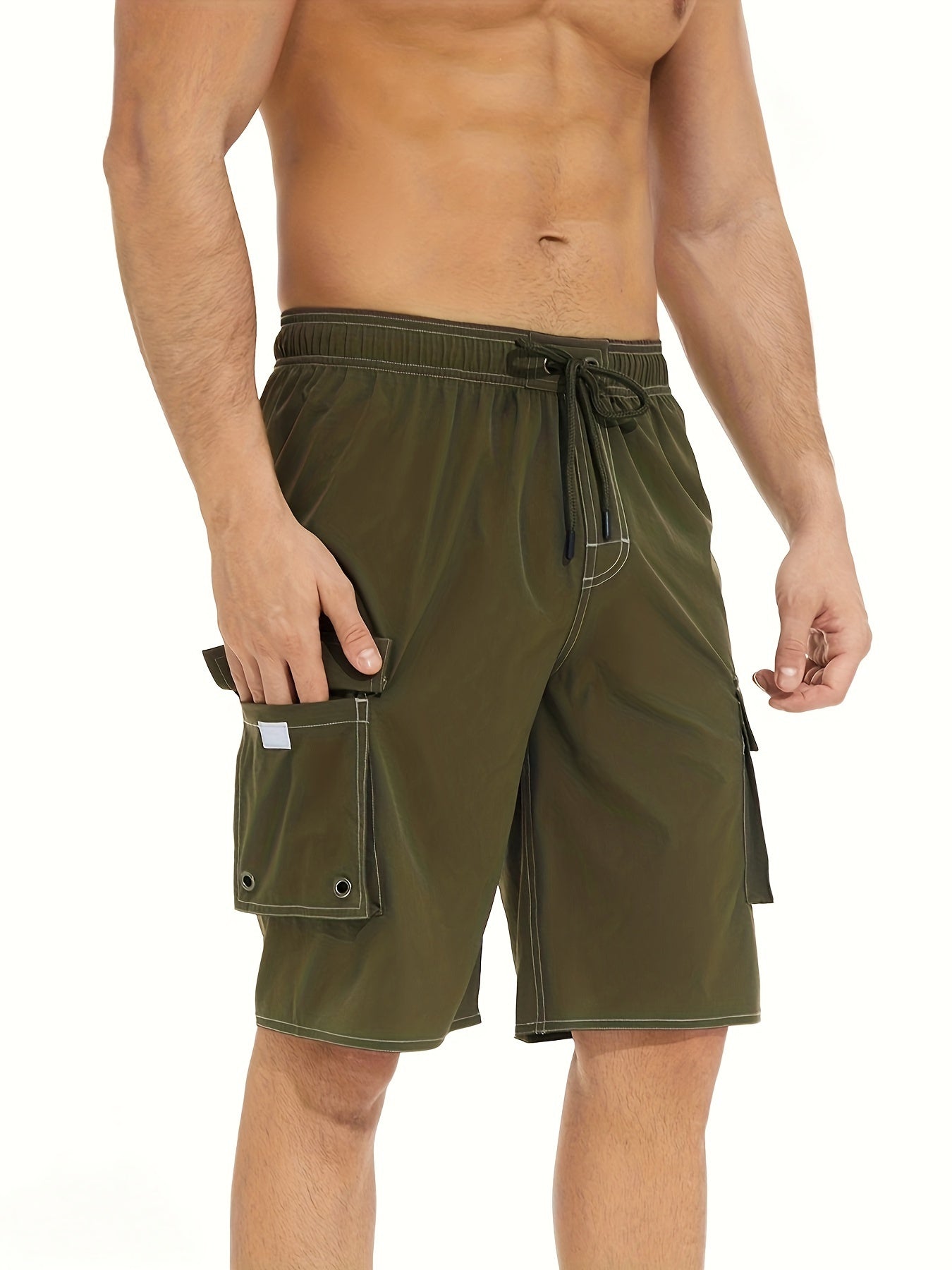 Men'S Big & Tall Quick-Dry Swim Trunks - Olive Green Beach Shorts with Adjustable Drawstring, Pockets, and Durable Polyester Fabric for Summer, Summer Swimwear | Adjustable Drawstring Shorts | Quickdry Material, Bathing Suits