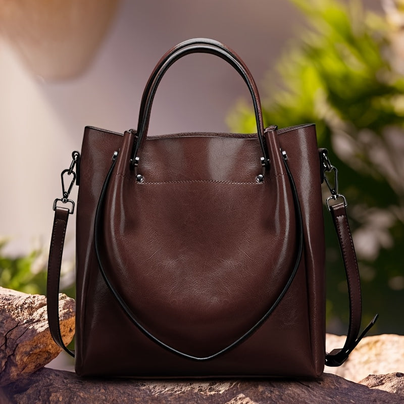 Women'S Genuine Leather Tote & Crossbody - Elegant Minimalist Hand with Golden-Tone Hardware, Zipper Closure, Golden-Tone Hardware &, Sturdy Base For Everyday & Formal Use, Versatile Accessory, Sleek Design, Durable Construct