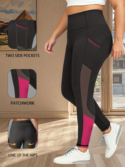 Plus Size Women's High-Waisted Butt-Lifting Yoga Pants Tight-Fit Leggings with Dual Side Pockets, Mesh Panels & Color-Blocking Design Size XL-5XL, 68.58 cm Length for Casual, Sports & Yoga