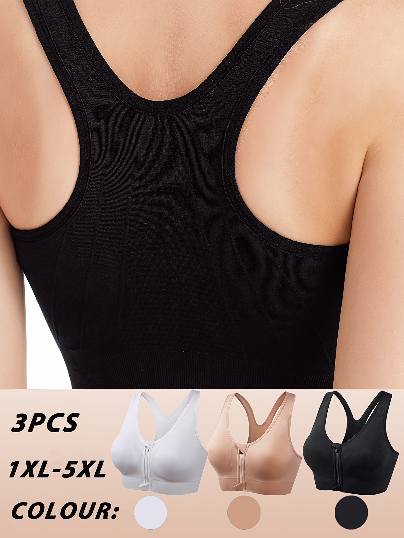 3pcs Plus Size Front Zipper Bras - No Underwire & Removable Pads, Breathable Mesh Running Bras for Women, 1XL-5XL (Navy/Black/Purple), Casual swear, Sleek y Look, Comfortable Fit