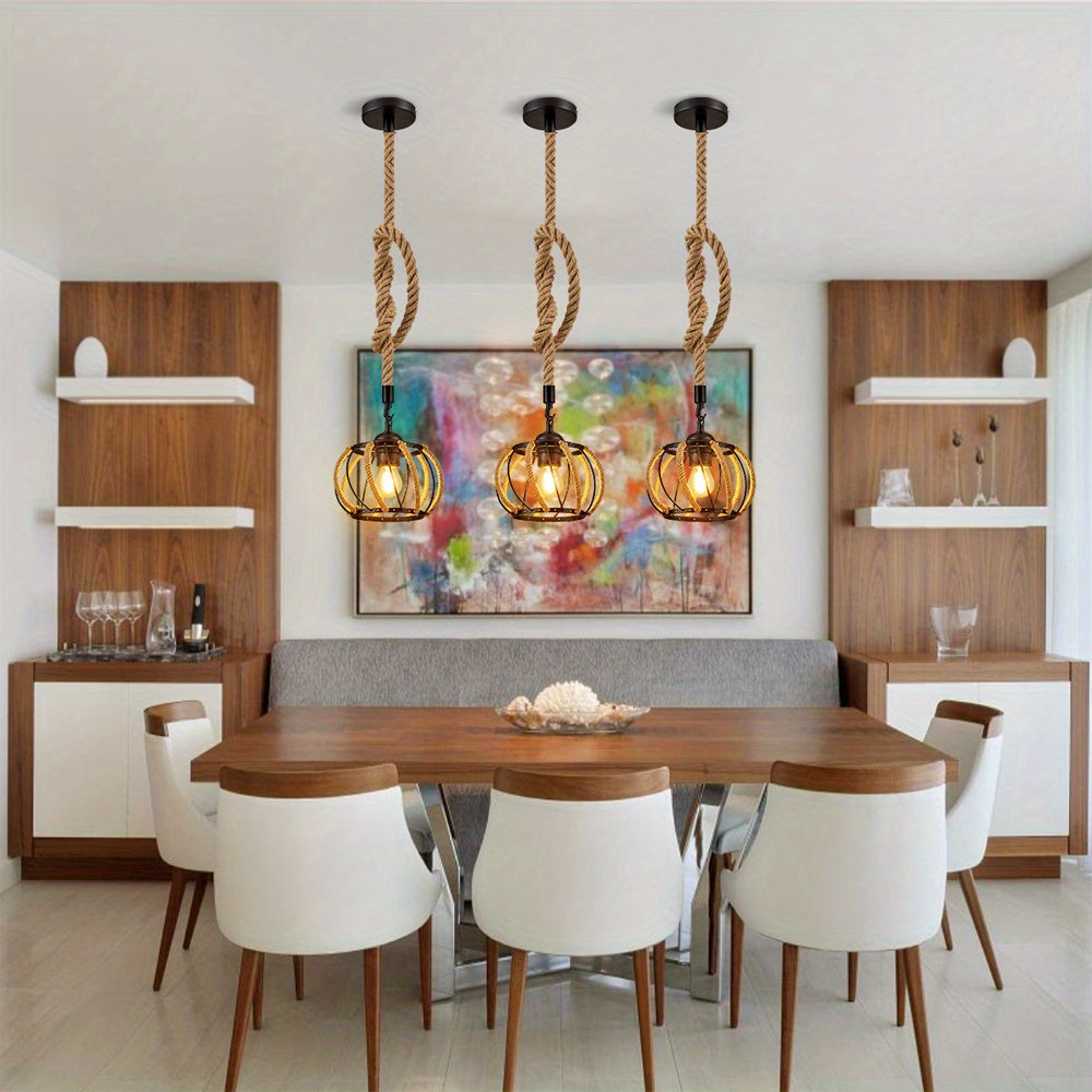 1pc Hemp Rope Chandelier, Industrial Black Metal Cage Shade Hemp Rope Hanging Lamp, Adjustable E26 Chandelier Lighting Kit For Cafe Kitchen Living Room Warehouse Bar (Not Include Bulb)