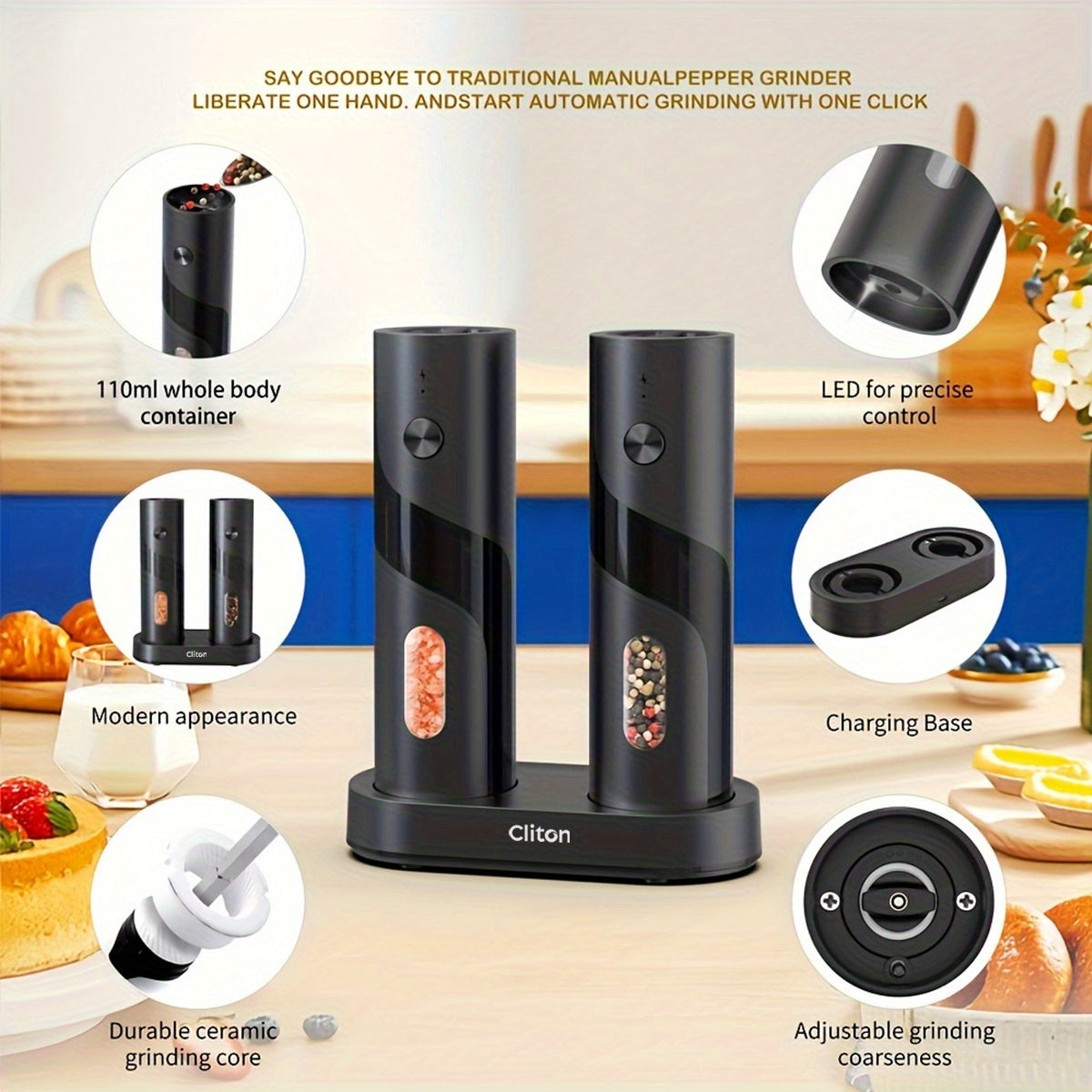 Moinho Elétrico de Sal e Pimenta USB com Luz LED