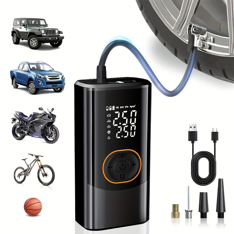 Portable Air Compressor with Digital Pressure Gauge, 150PSI Rechargeable Battery, LED Light, Wireless Tire Pump for Cars, Motorcycles, Bicycles, etc., Black, Motorcycle Tire Inflation, Compact Design, Durable Construction, Us
