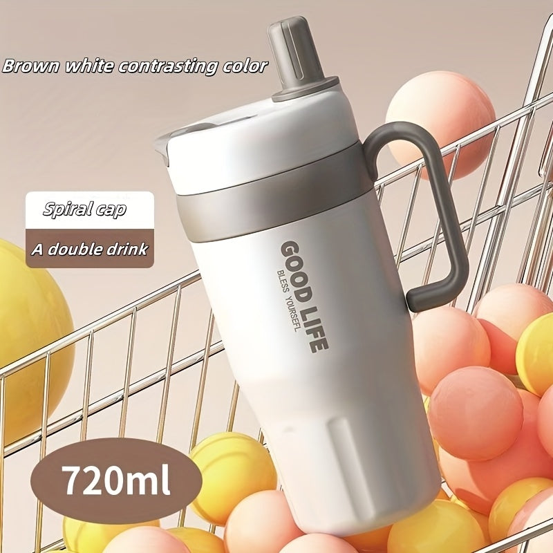 Copo térmico em aço inoxidável 304 com parede dupla e pega, capacidade de 720ml, com palhinha – Caneca desportiva portátil para viagens e atividades ao ar livre, garrafa de água essencial de alta capacidade para carro e atividades ao ar livre.
