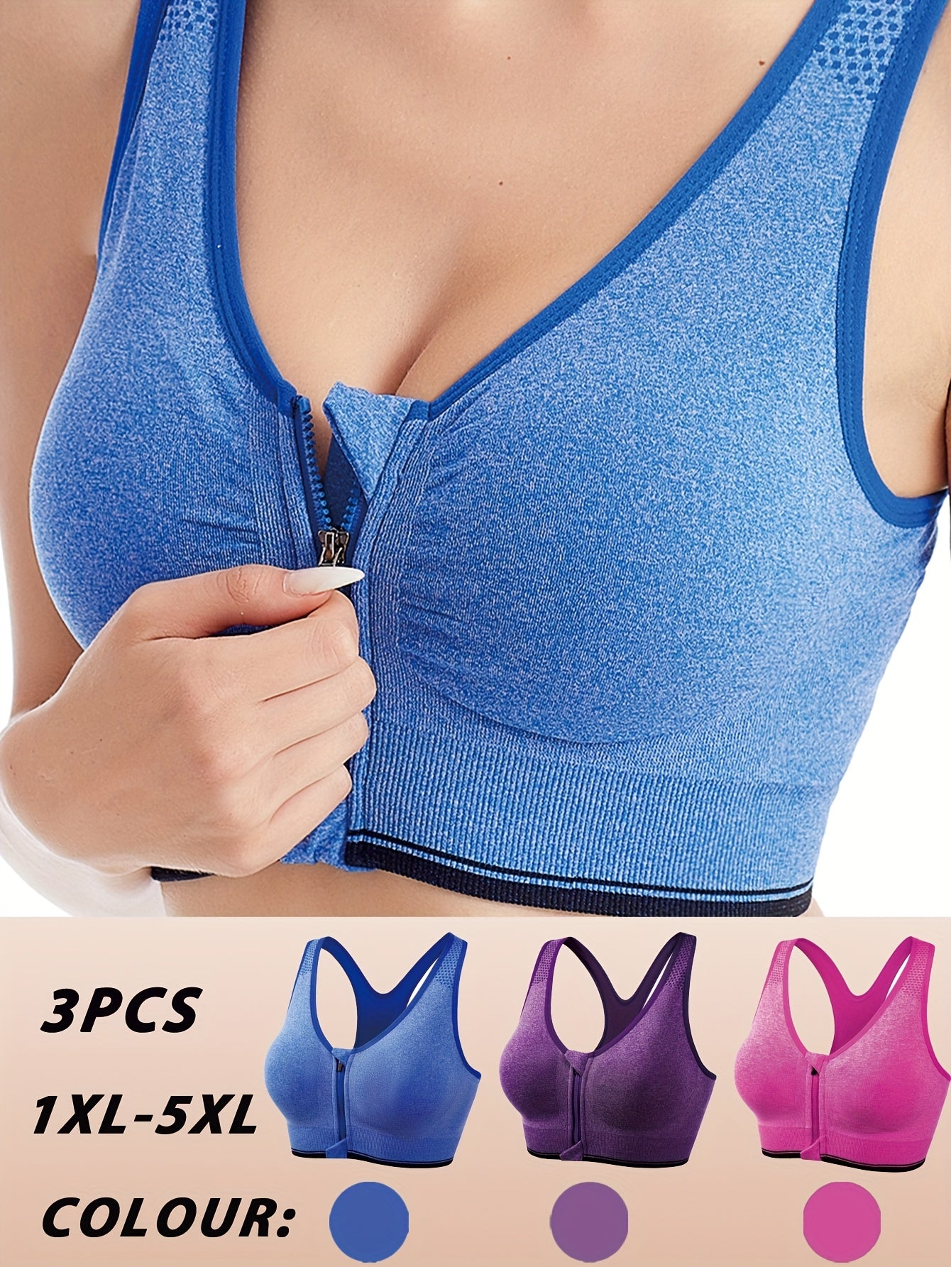 3pcs Plus Size Front Zipper Bras - No Underwire & Removable Pads, Breathable Mesh Running Bras for Women, 1XL-5XL (Navy/Black/Purple), Casual swear, Sleek y Look, Comfortable Fit