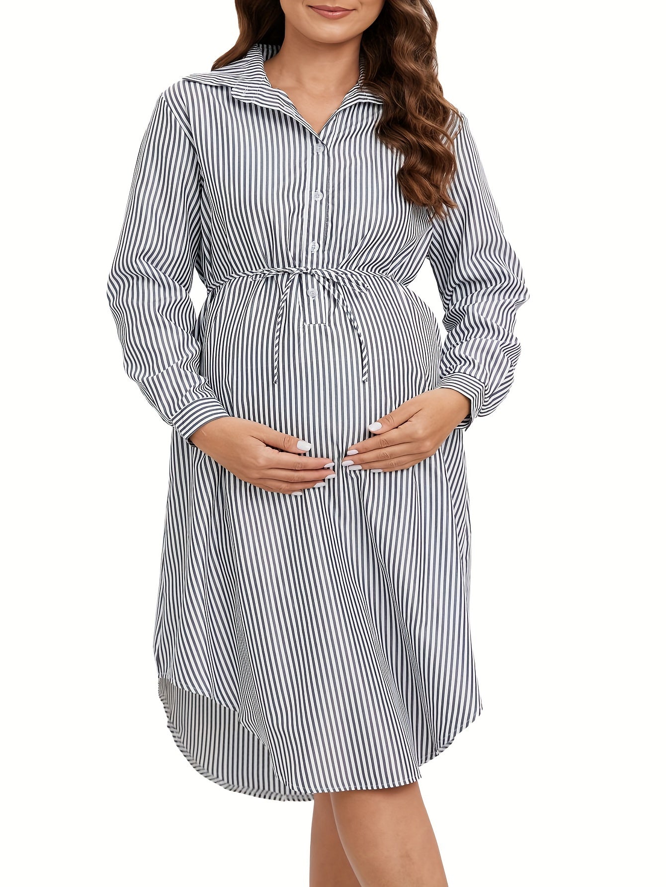 Elegant Striped Maternity Dress with Belt - Long Sleeve, Knee-Length Shirt Style for Women, Machine Washable, Loose, Collar
