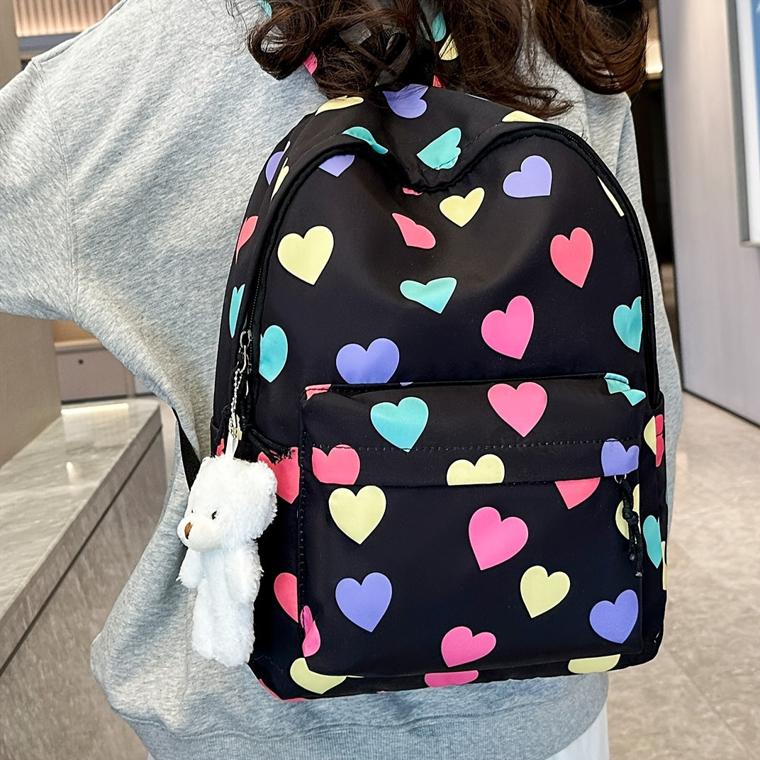 Multi-Color Hearts Pattern Design Backpack, Korean Style, Large Capacity, Simple And Lightweight Backpack