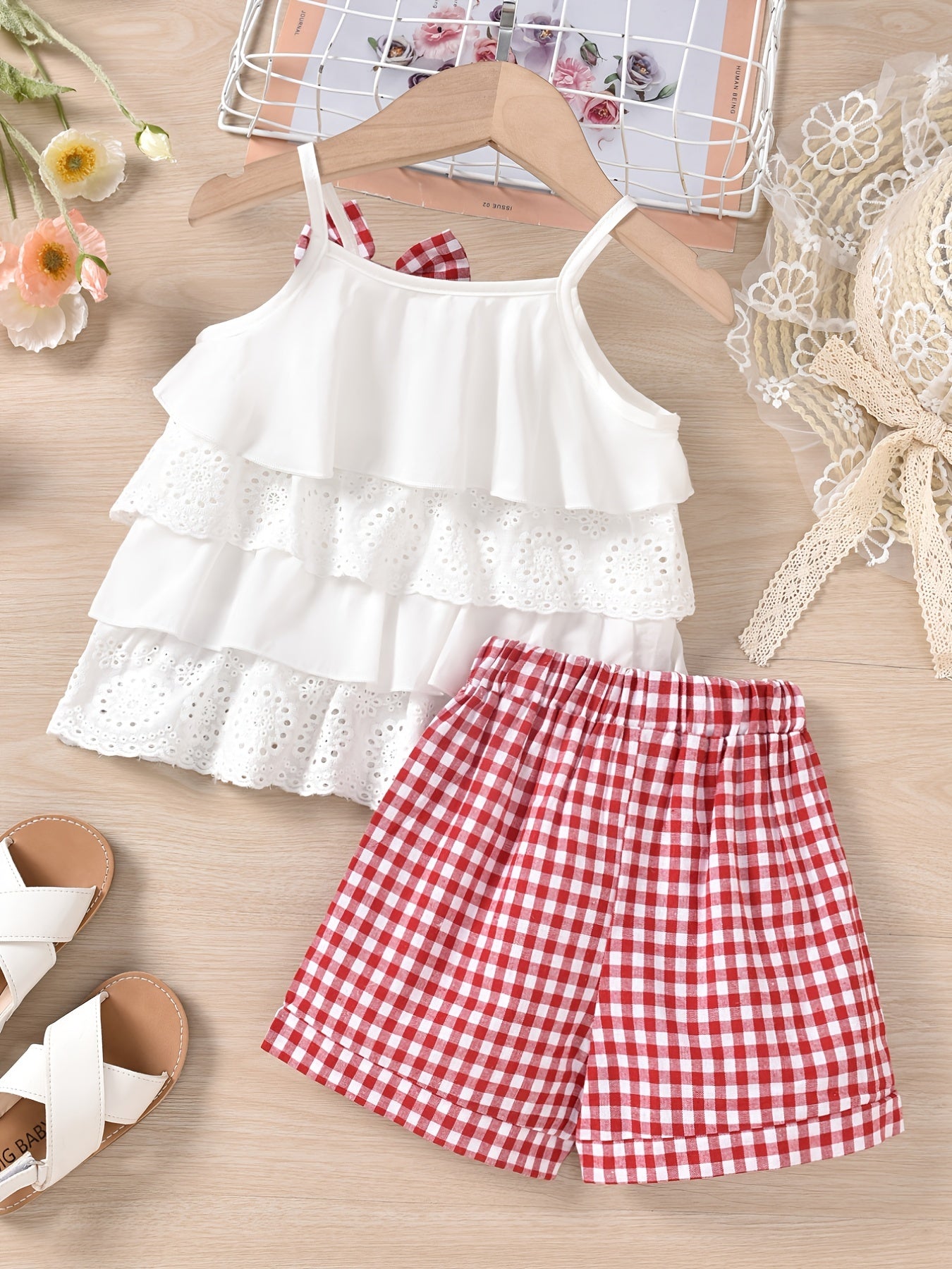 Cute Ruffle Lace Top & Check Shorts Two-Piece Set - White Blouse with Yellow Bow, Yellow & White Gingham Shorts, Perfect for Spring/Summer, Casual Playwear|Ruffle Detail Top|Nonstretch Fabric, for Outdoor