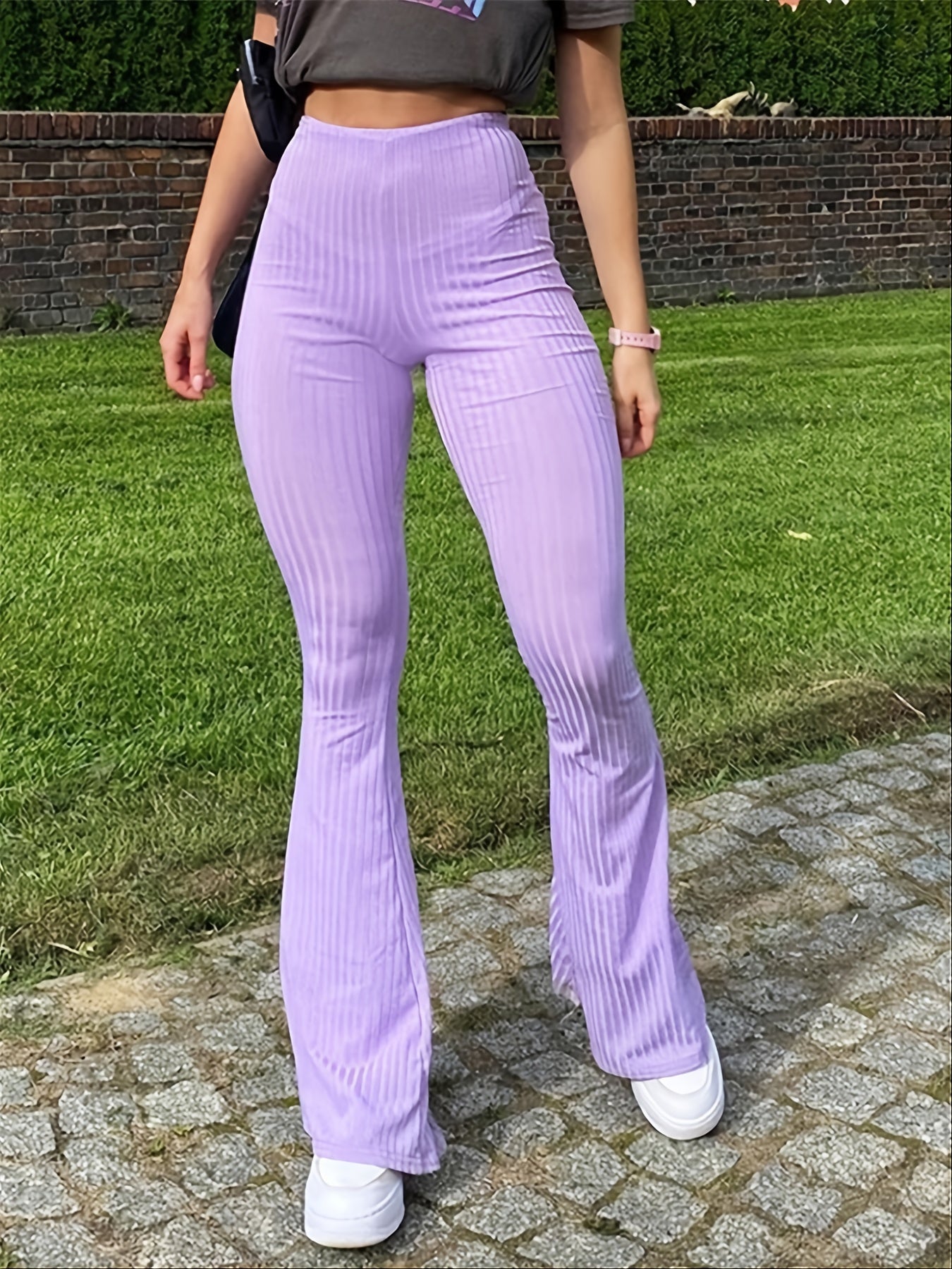 Striped Skinny Flared Leg Pants, Casual Stretchy High Waist Pants, Women's Clothing