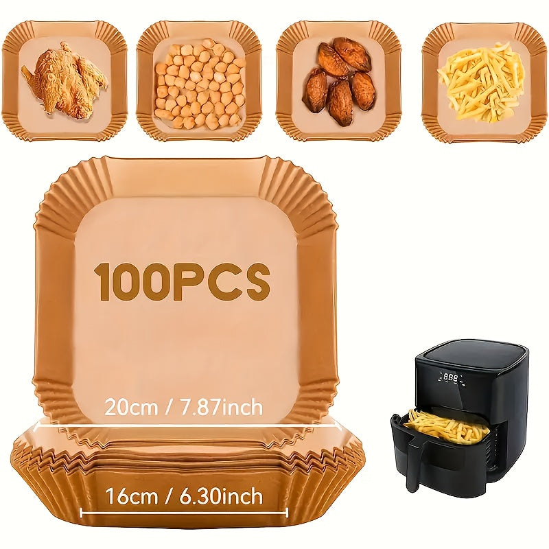 100pcs Non-Stick Air Fryer Liners - Premium Paper Single Sheets with Ridged Edges for Secure Cooking, Easy Cleanup & Healthy Cooking - Multi-Use for Baking, Roasting, Microwaving - Ideal for Home & Commercial Kitchens, Air Fr