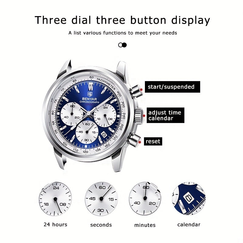 BENYAR Top Brand Men's Watches Sport For Men Multifunction Chronograph Black Fashion Quartz Wristwatches Calendar With Leather Strap