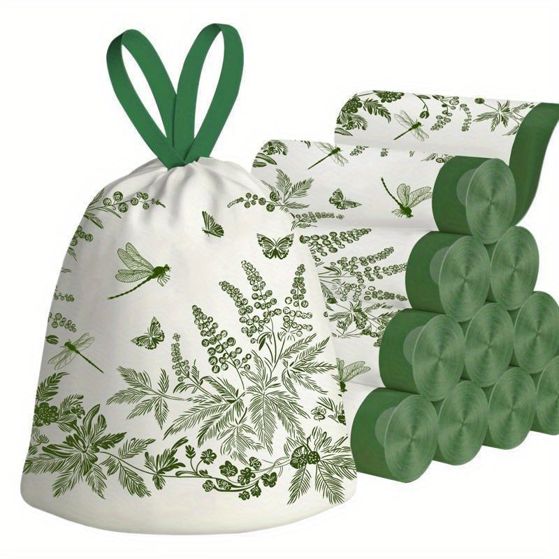 100pcs Disposable Drawstring Trash Bags with Mint and Herb Scented Floral Print - Thick Plastic, Tear-Resistant Portability for Home Kitchen Bathroom Party Use | Decorative Garbage Bag