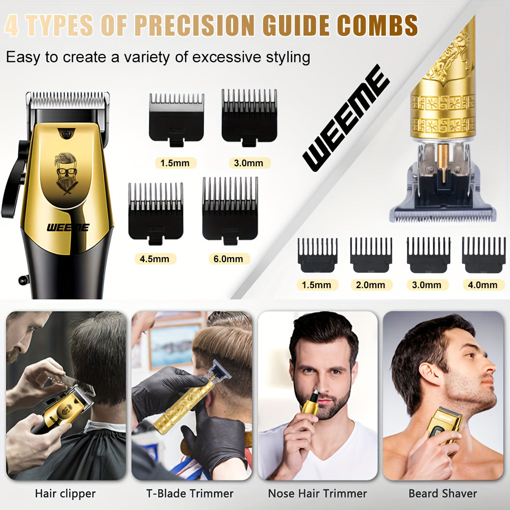 WEEME 4pcs Men'S Golden Electric Hairdresser Set, Household Beard Building Kit. Electric Hair Clipper + Electric Shaver + Electric Nose Hair Trimmer + Fine Trimmer. Used for Home, Car and Travel. Gifts for Fathers, Husbands,