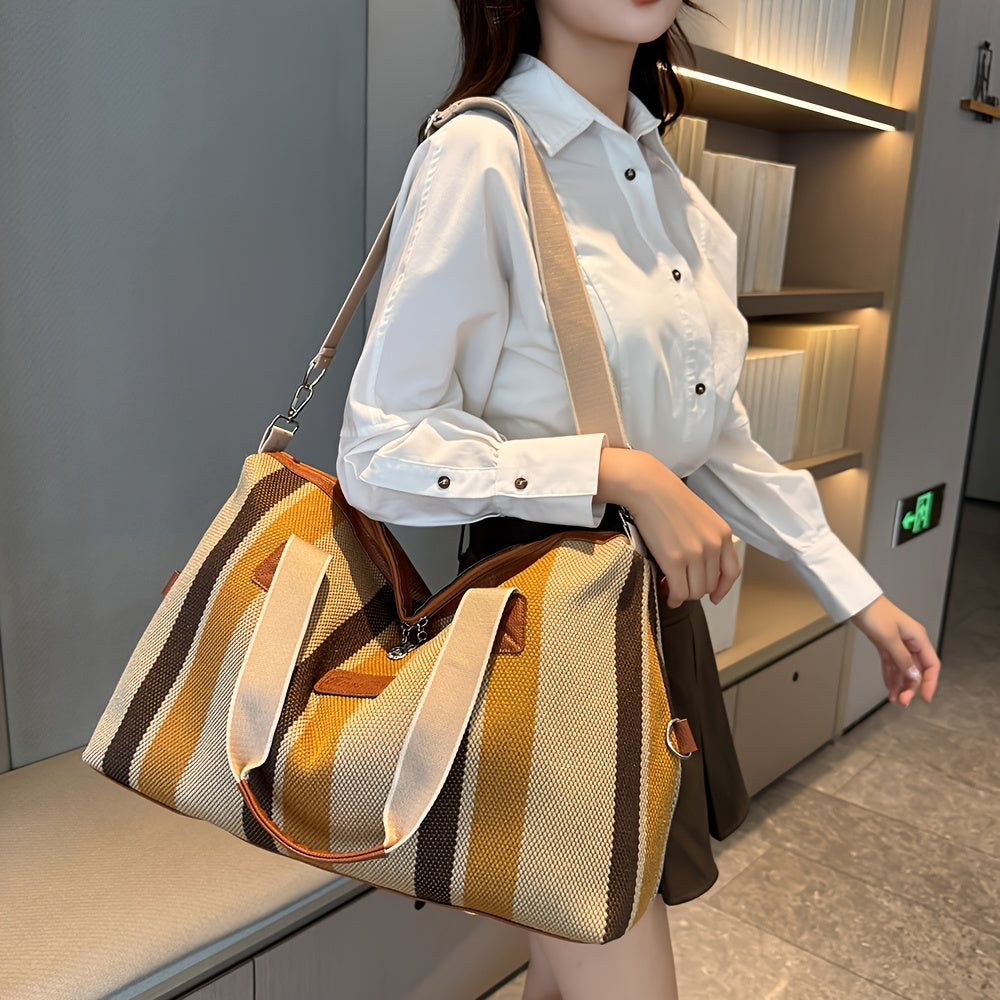 HUOHUO Women's Large Capacity Retro Striped Travel Handbag & Carry-On Luggage - Lightweight Nylon Suitcase with Adjustable Strap, Golden-Tone Hardware, Zipper Closure & Lining - Casual & Formal Use for Airplane, Train, Car Tr