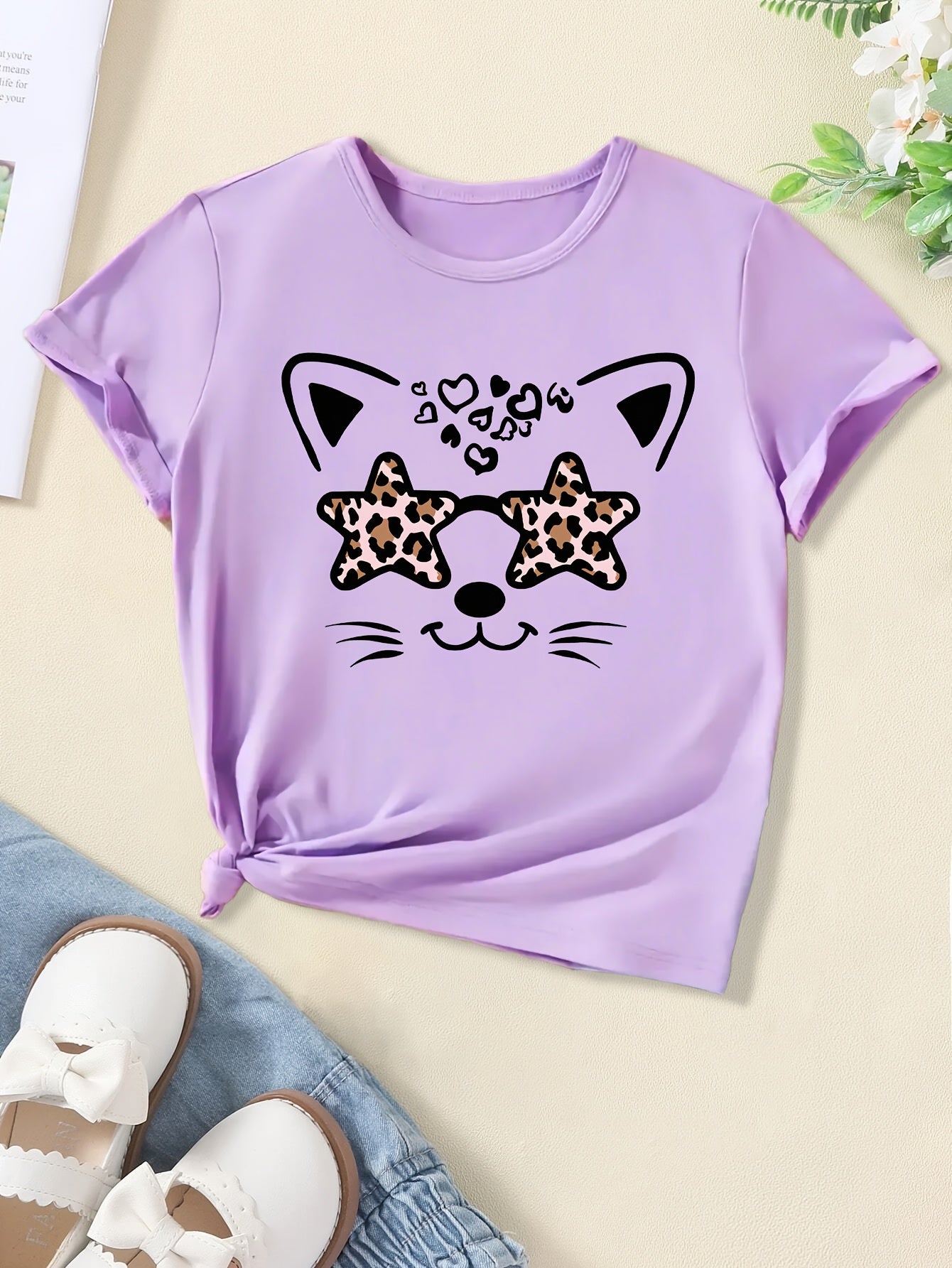 Girls Funny Kitty Print Short Sleeve T-shirt Summer Clothes Gift