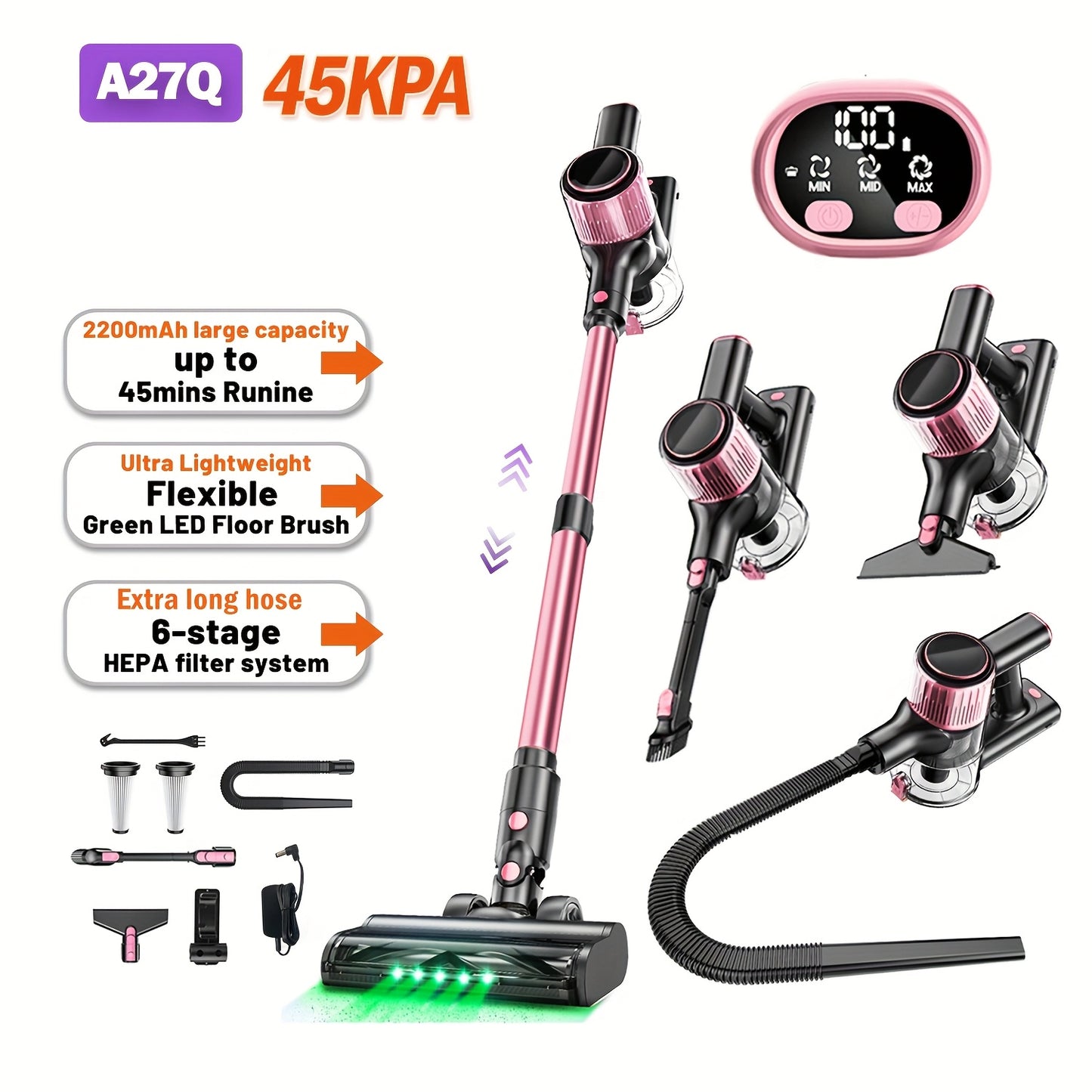 High Suction Home Cordless Vacuum Cleaner, 10-in-1 Multi-Purpose Cane Vacuum Cleaner, 45-Minute Range, 3 Suction Modes with Upgraded Green LED Lights And Tangle-Free Brush for Home, Hardwood Floors, Carpets And Pet Hair.