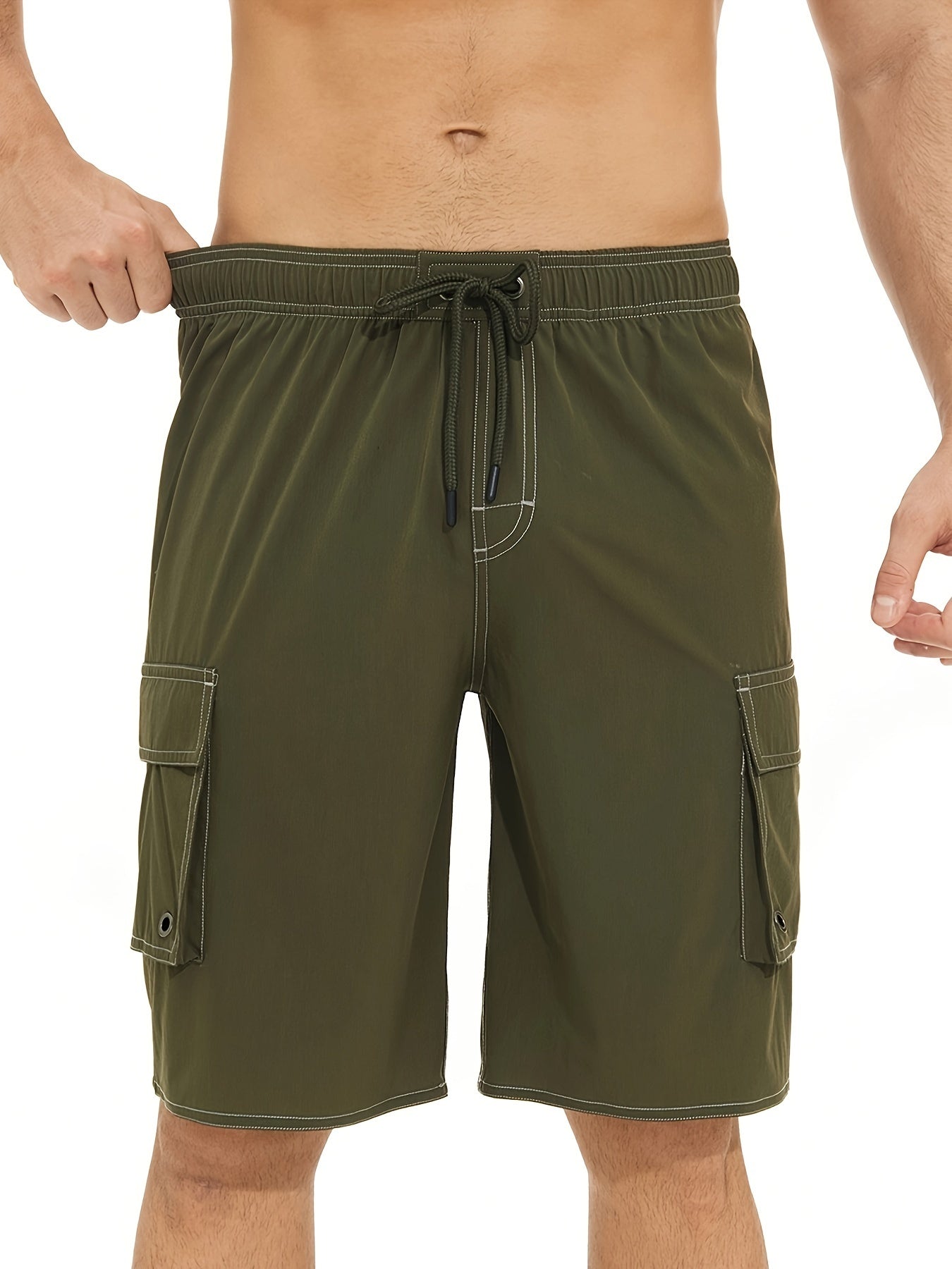 Men'S Big & Tall Quick-Dry Swim Trunks - Olive Green Beach Shorts with Adjustable Drawstring, Pockets, and Durable Polyester Fabric for Summer, Summer Swimwear | Adjustable Drawstring Shorts | Quickdry Material, Bathing Suits