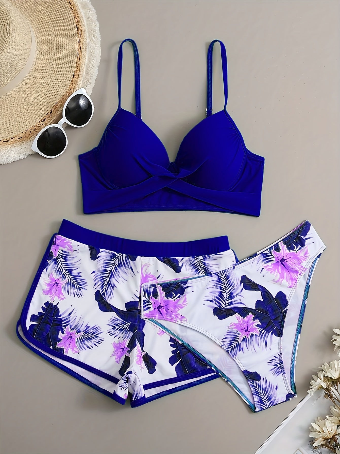 Floral Leaf Print Stretchy 3 Piece Set Swimsuits, Cross Spaghetti Strap Push Up Bikini & Boxer Shorts, Women's Swimwear & Clothing