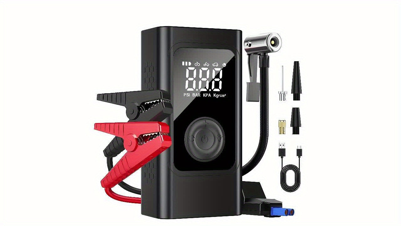 Portable Car Jump Starter with Air Compressor, 5.0 Gasoline/3.0L Diesel Battery Booster, 150PSI Automatic Shut-Off Tire Inflator, 12V Super Safe Lithium Jumper Box, Smart Electric Clamp, LCD Display & LED Light