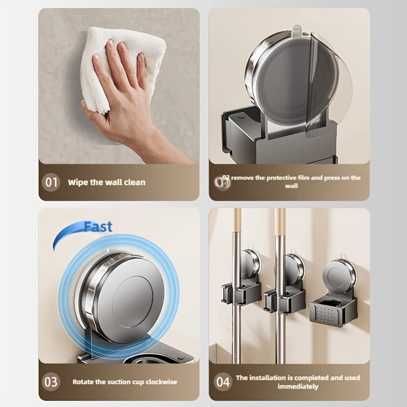 Strong Suction Cup Mop Holder Hooks, No-Drill Installation, Heavy-Duty ABS Wall Mounted Organizer for Bathroom & Kitchen, Ideal for Broom and Mop Storage, Broom Holder Wall Mount, Cleaning Tool Organizer