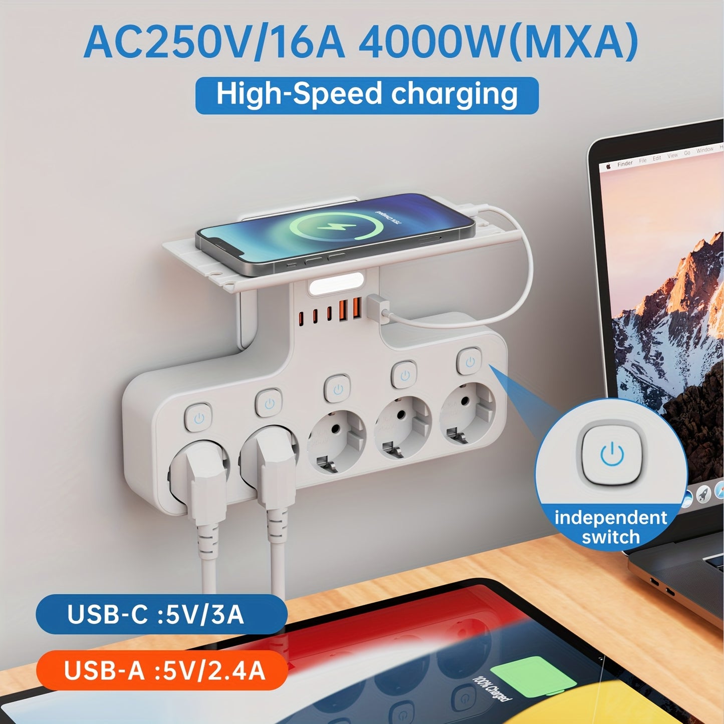 European 5-Pin Socket Extension with 3 USB-A and 3 USB-C Ports, Overload Protection, Smart Light Sensor, 4000W, 16A, Ideal for Home, Outdoor, and Office Use, Outdoor Power Supply, Modern Power Outlet, Durable Power Outlet