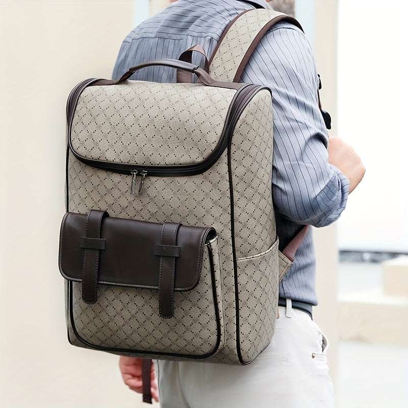 LUMG Men'S Casual Large Capacity Laptop Backpack - Brown & Beige Check Pattern, Durable, Multiple Compartments with Zipper Pockets, Ideal for Commuting, Travel, and Everyday Use, Everyday Backpack|Casual Style Backpack|Functi