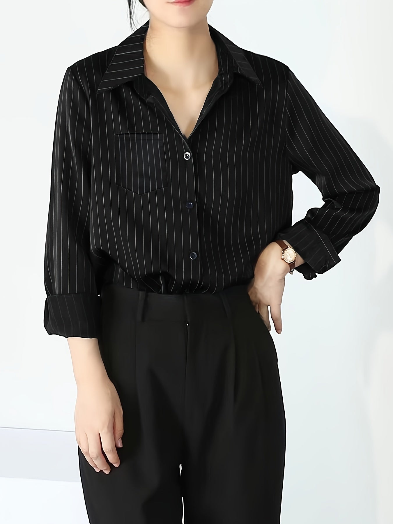 Striped Button Up Chest Pocket Blouse, Elegant Lapel Collar Long Sleeve Blouse, Women's Clothing