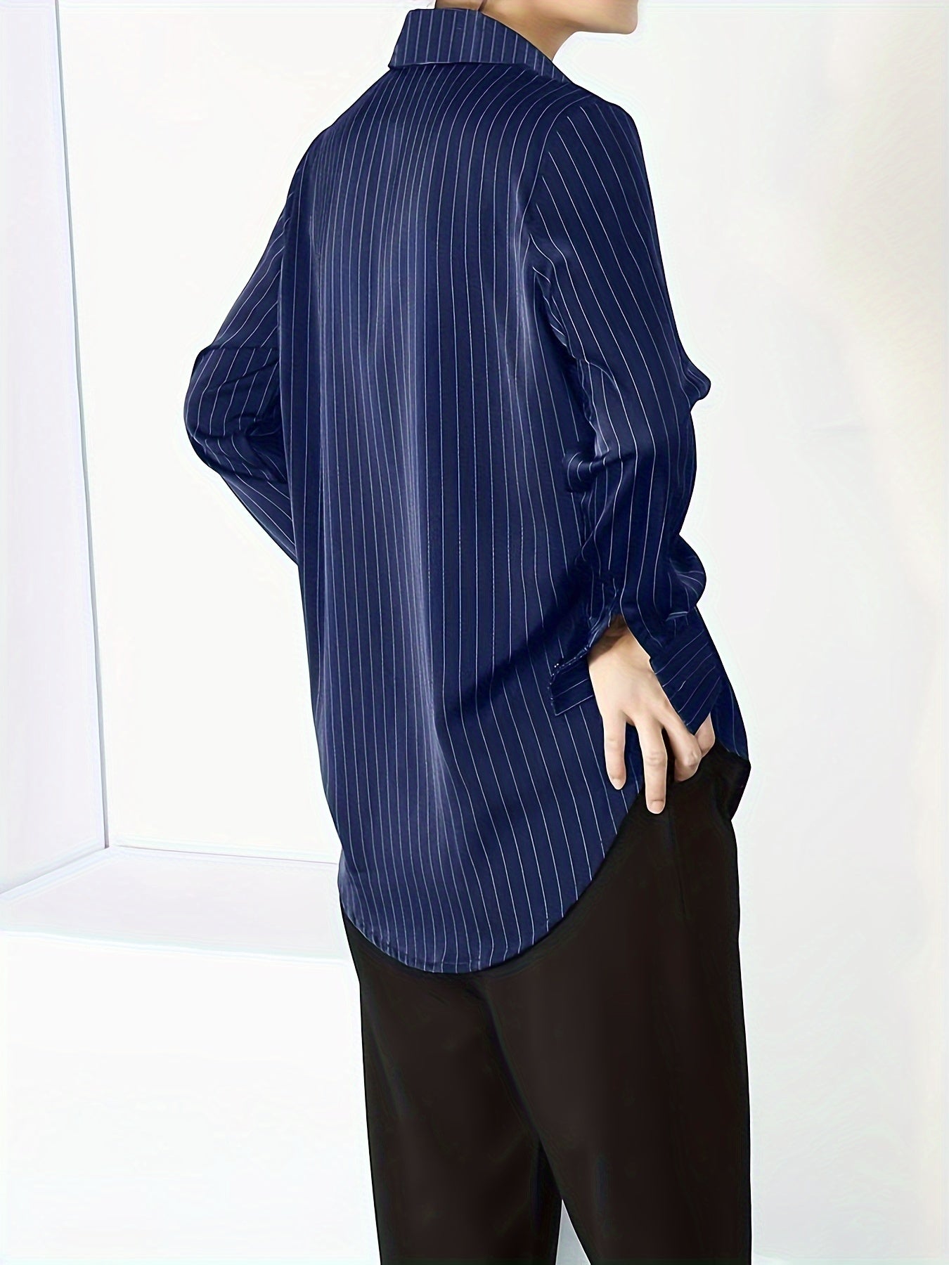 Striped Button Up Chest Pocket Blouse, Elegant Lapel Collar Long Sleeve Blouse, Women's Clothing