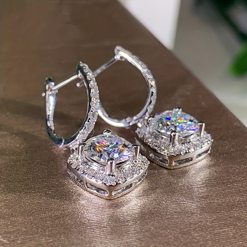 Sterling 925 Silver Ear Jewelry Square Shape Shiny zirconia Decor Dangle Earrings Luxury Style Banquet Party Ear Ornaments
