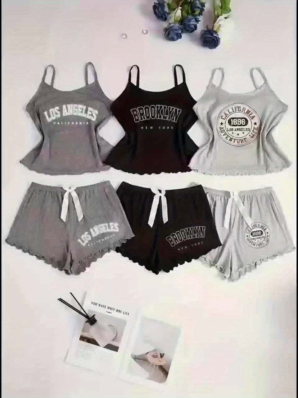 6pcs Women'S Pajama Set with Letter Print & Bow Detail - Soft Spaghetti Strap Sleepwear, All-Season Comfort, 6 Styles (Black/White/Red/Grey/Navy/Beige) for Lounge & Sleepwear, Cozy Loungewear, Casual Sleepwear, Comfortable Fi