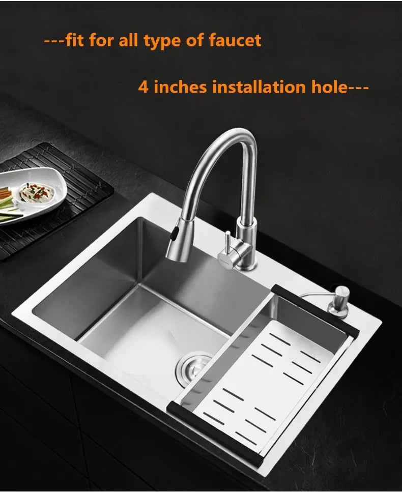 Hand Made Stain Kitchen Sinks Brushed Finish 3mm Thick Single Bowel Kitchen Sink Set Large Space with Drain Overflow YUDA90
