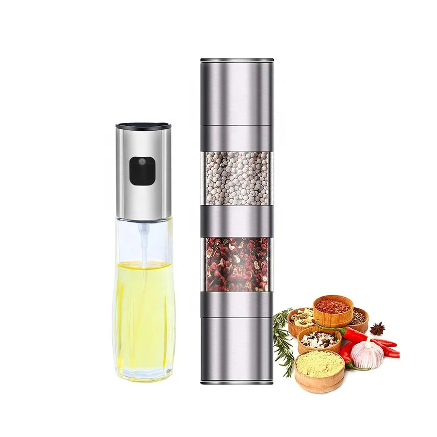 Wholesale Kitchen Barbecue  Oil Spray Bottle Olive Oil and Vinegar Jars Dispenser Sprayer With Salt Pepper Grinder