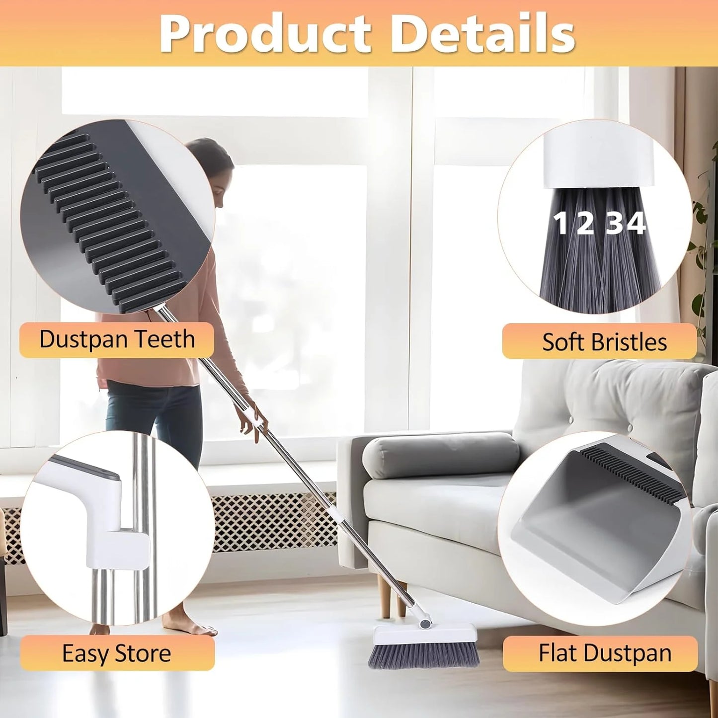 3 in 1 Broom with Dustpan Combo Set  with Dust Pan Adjustable Long Handle Broom and Dustpan Set for Sweeping Gray