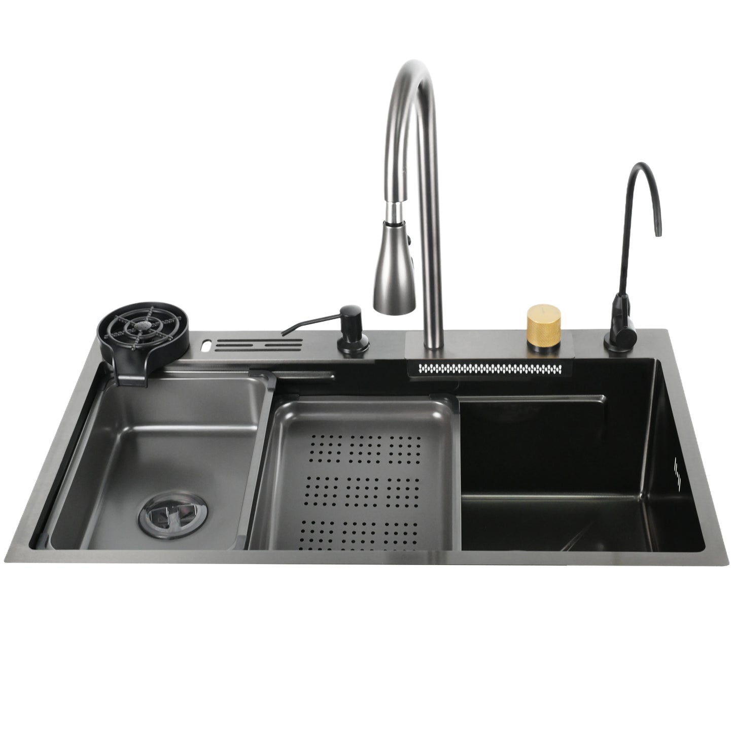 YITE Modern Square Single Bowl Flying Rain Waterfall High Pressure SPA Workstation Nano Surface Complete Kitchen Sink