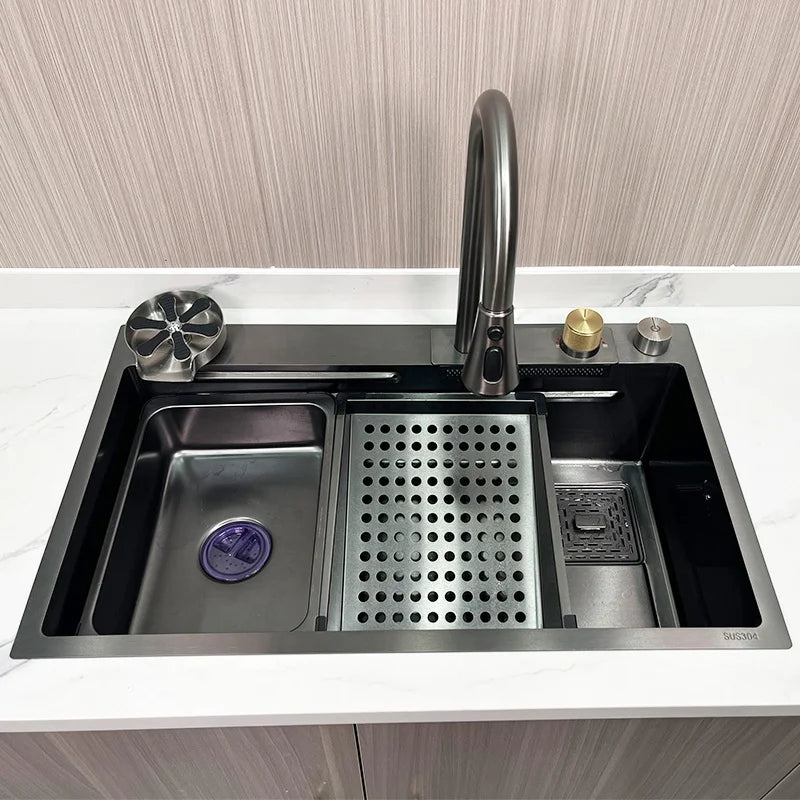 Popular 304 Stainless Steel Sink Kitchen 6846 Multifunction Large Rectangular Waterfall Sinks with Faucet