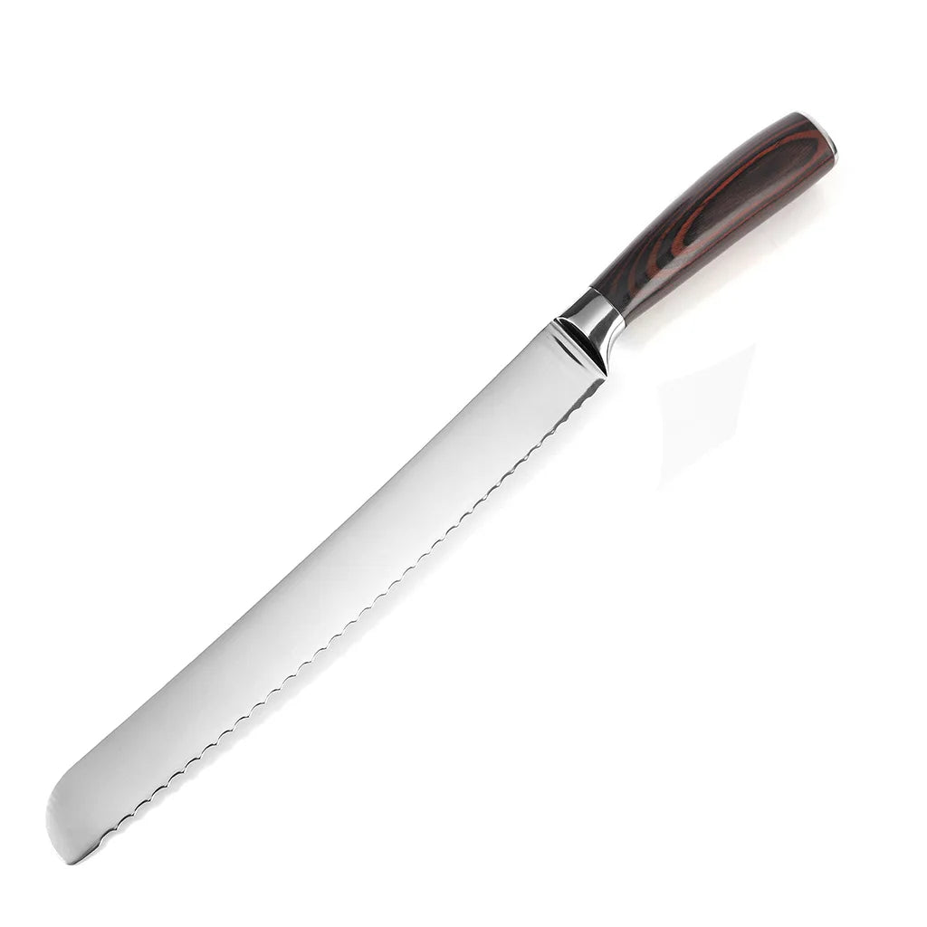 Stainless Steel Serrated Knife with Wood Pakkawood Handle for Baking Cutting Bread Meat Cake