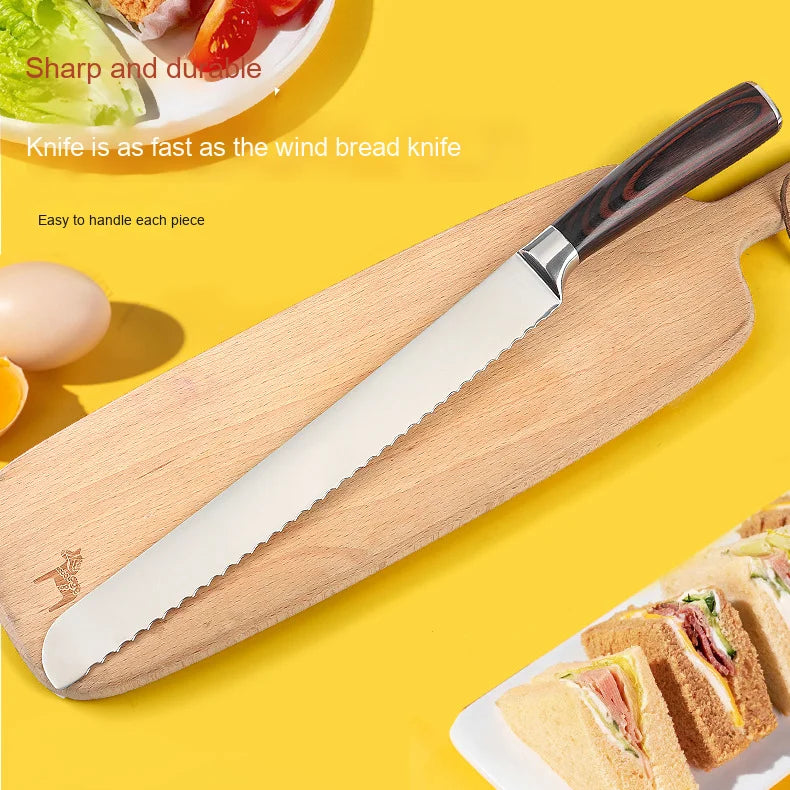 Stainless Steel Serrated Knife with Wood Pakkawood Handle for Baking Cutting Bread Meat Cake