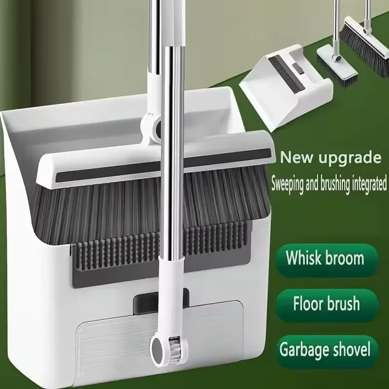 3 in 1 Broom with Dustpan Combo Set  with Dust Pan Adjustable Long Handle Broom and Dustpan Set for Sweeping Gray