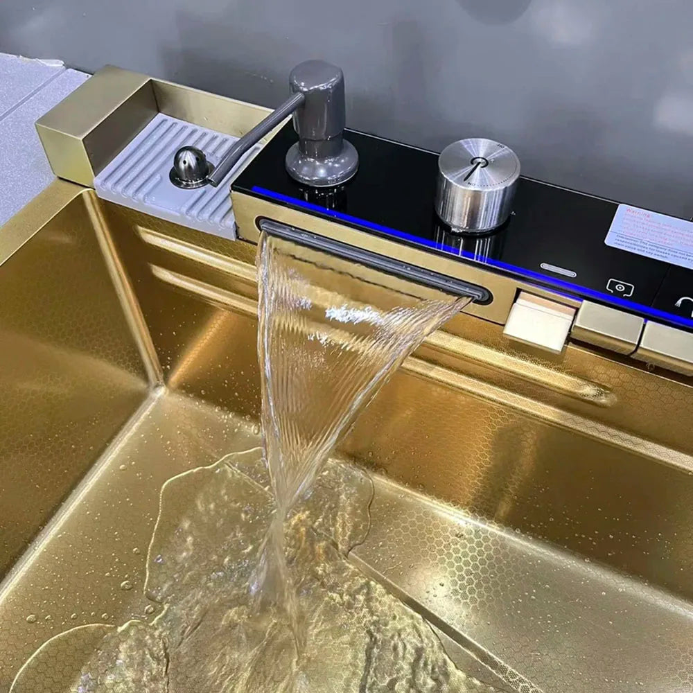 Gold SUS Smart Kitchen Sink Nano Stainless Steel Hand Made Kitchen Sink Waterfall Kitchen Sink With Digital Display
