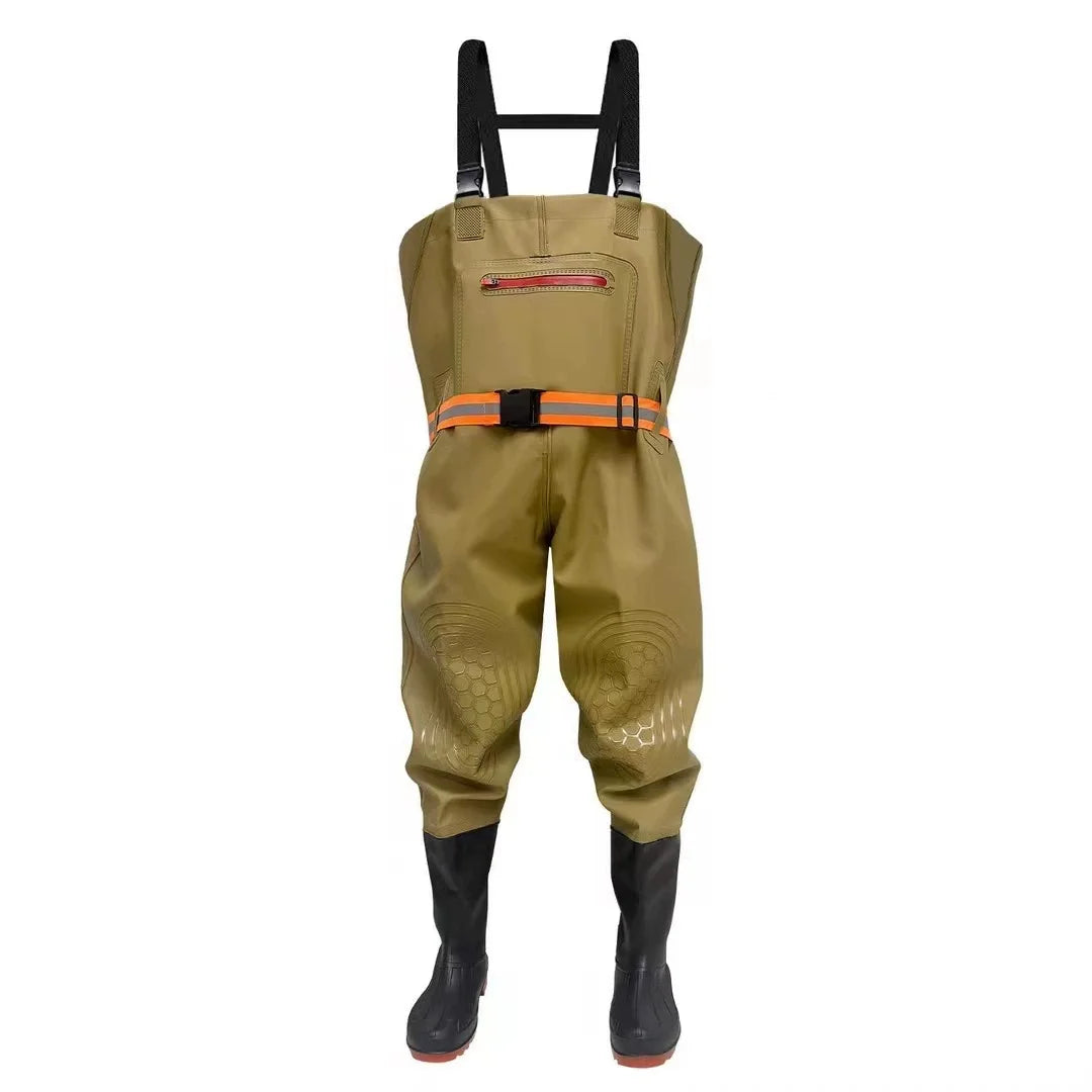 Macacão impermeável unissexo em nylon com botas de biqueira em aço, na cor verde, ideal para pesca e caça.