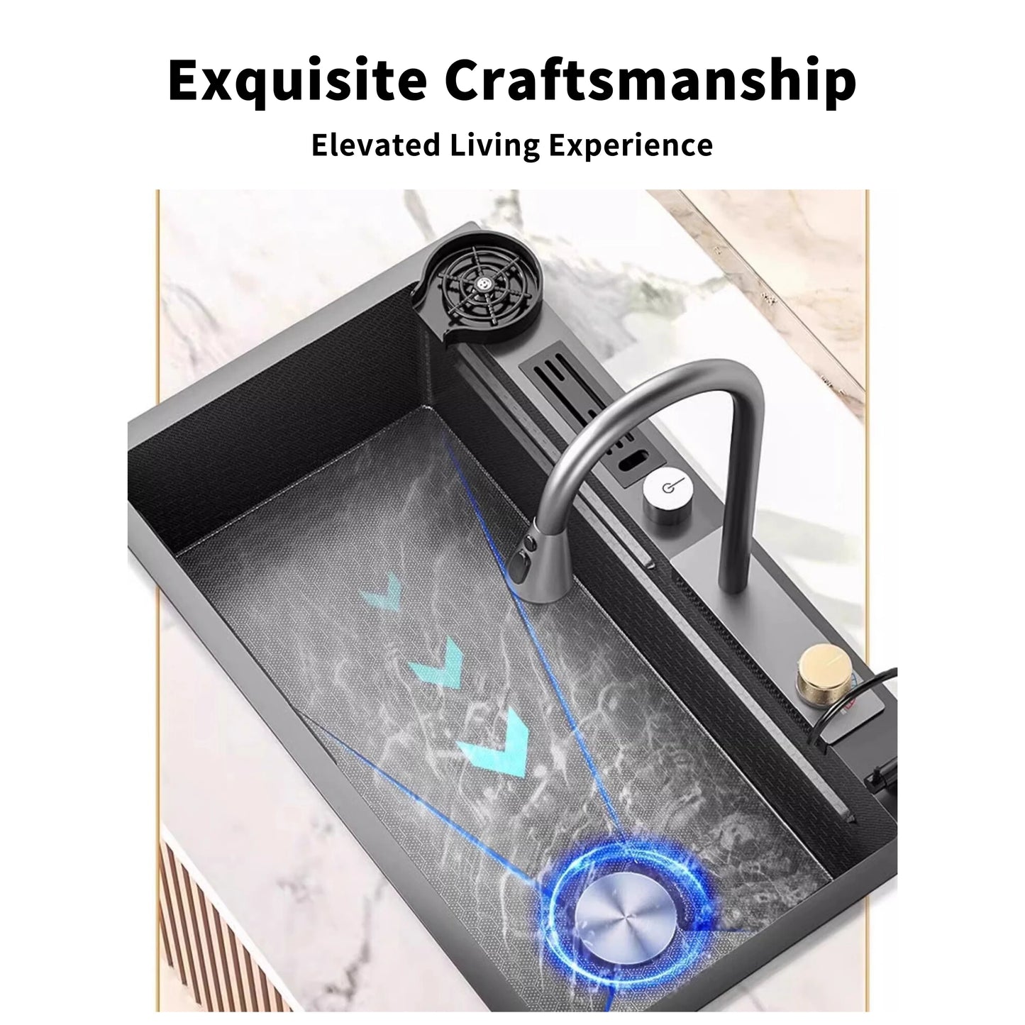 YITE Modern Square Single Bowl Flying Rain Waterfall High Pressure SPA Workstation Nano Surface Complete Kitchen Sink