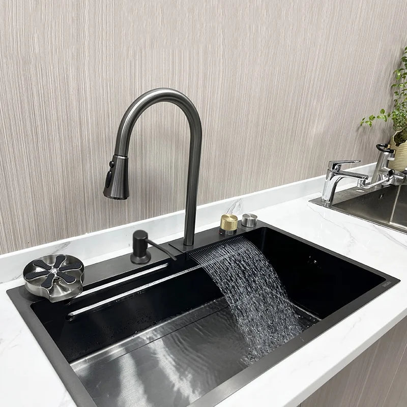 Popular 304 Stainless Steel Sink Kitchen 6846 Multifunction Large Rectangular Waterfall Sinks with Faucet