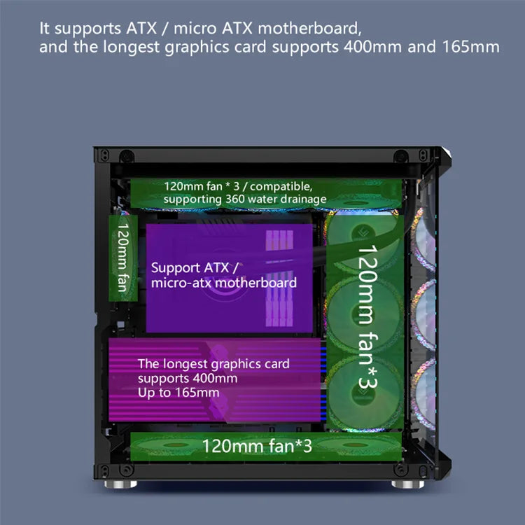 2021 ATX M-AXT RGB Fan LED Lights PC Gaming Computer Case Desktop