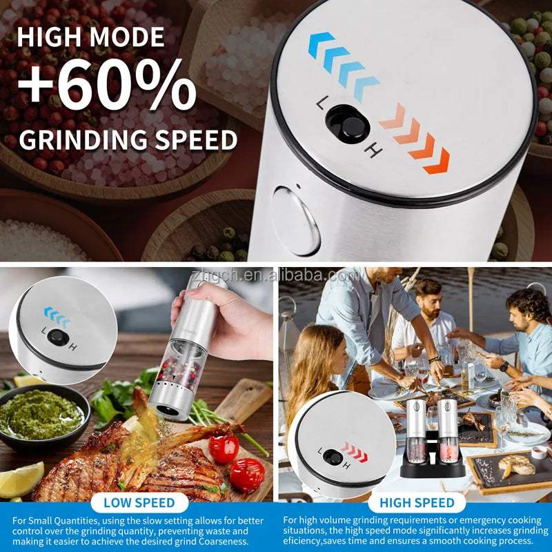 LED Light Charging Base Electric Salt and Pepper Mills Adjustable Coarseness with Variable Grinding Speed